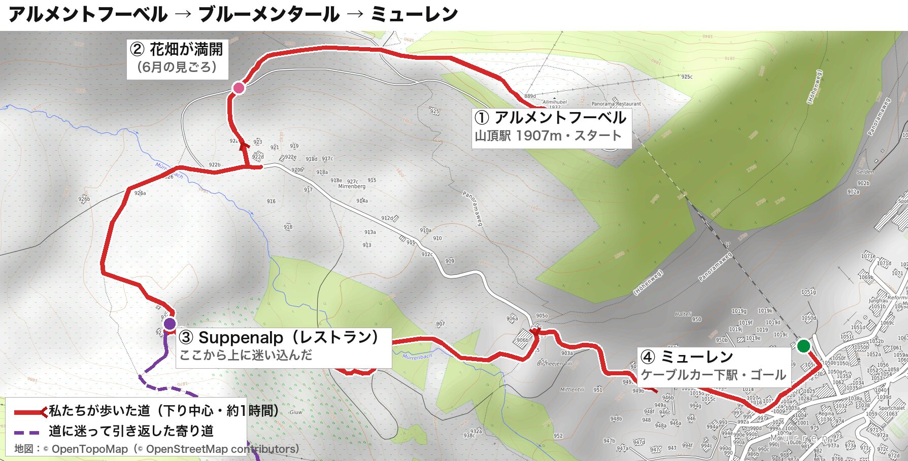 アルメントフーベルからブルーメンタールを通ってミューレンへ下るルート地図。赤＝歩いた道、紫の点線＝道に迷って引き返した寄り道