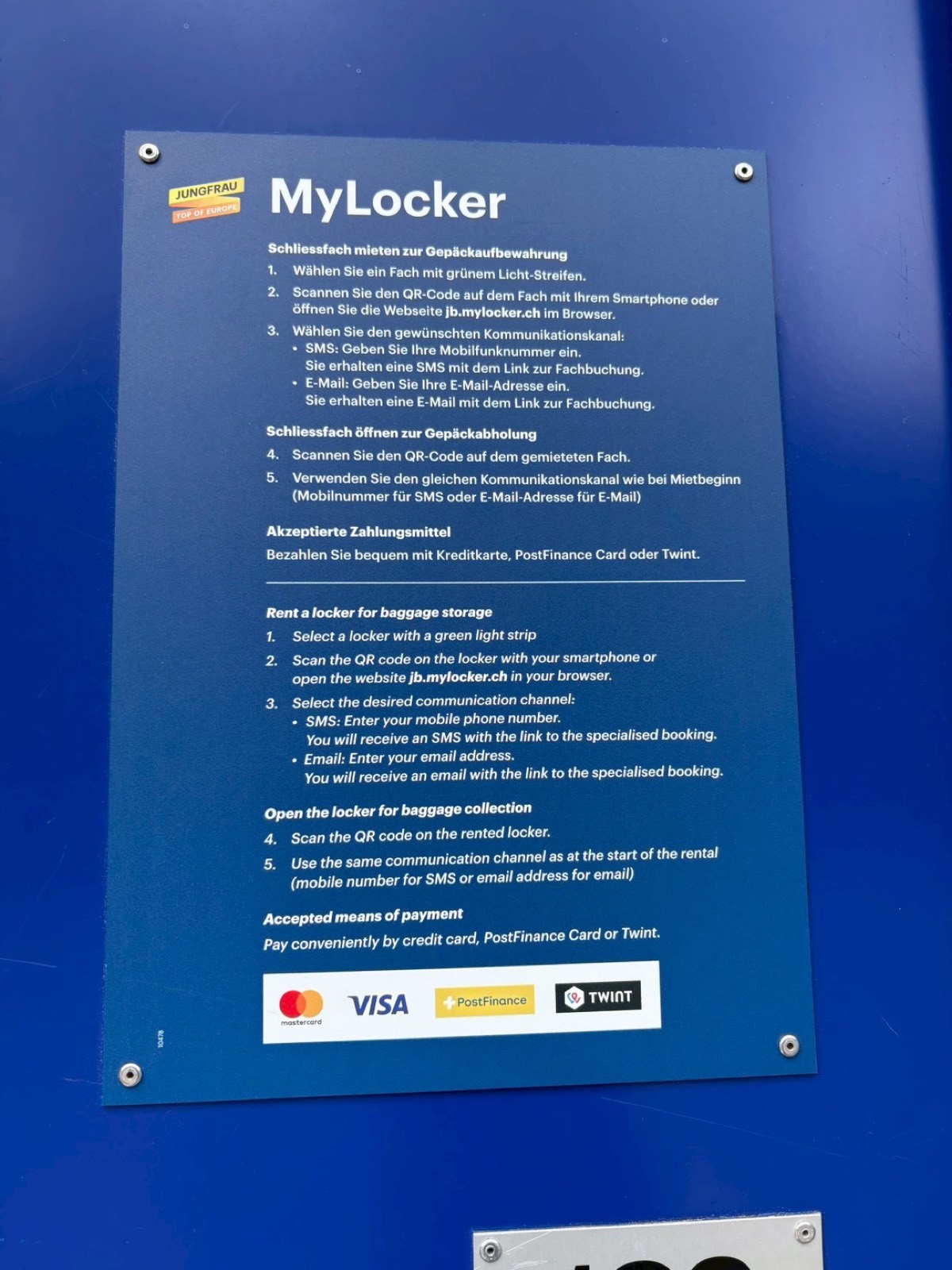 MyLockerの使い方ボード。手順と支払い方法(クレジット/PostFinance/TWINT)