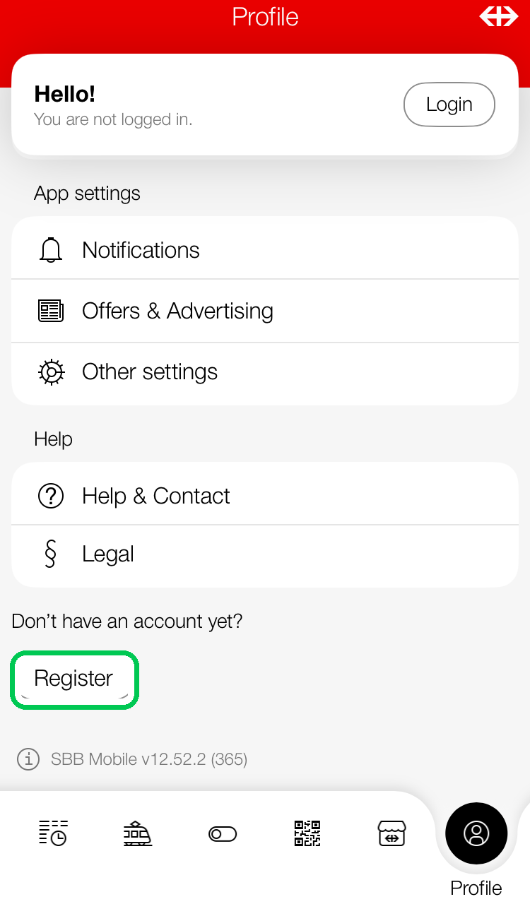 未ログインのProfileタブ。Loginから進む