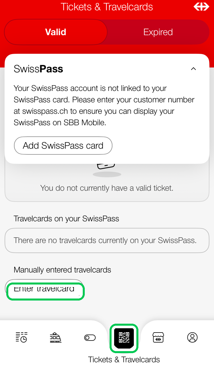 Tickets & Travelcards。Manually entered travelcards → Enter travelcard
