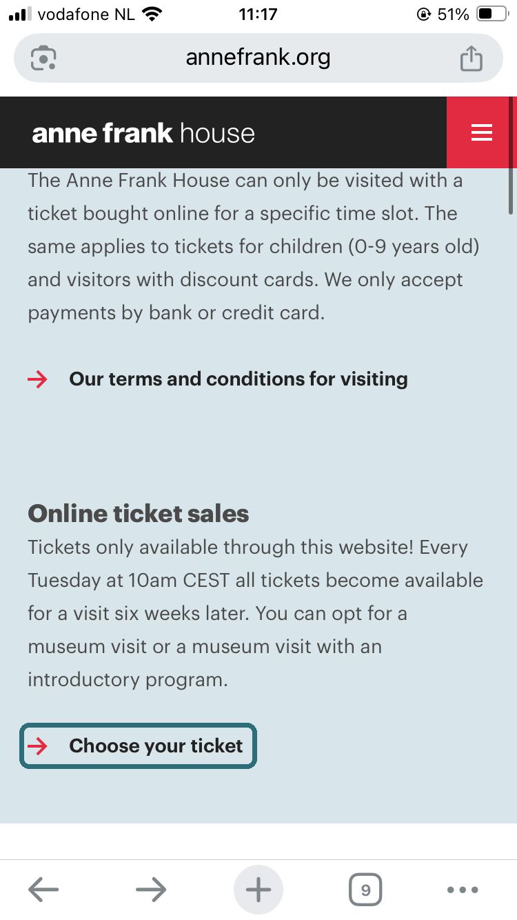 アンネフランクの家 公式サイトのOnline ticket salesとChoose your ticketのリンク