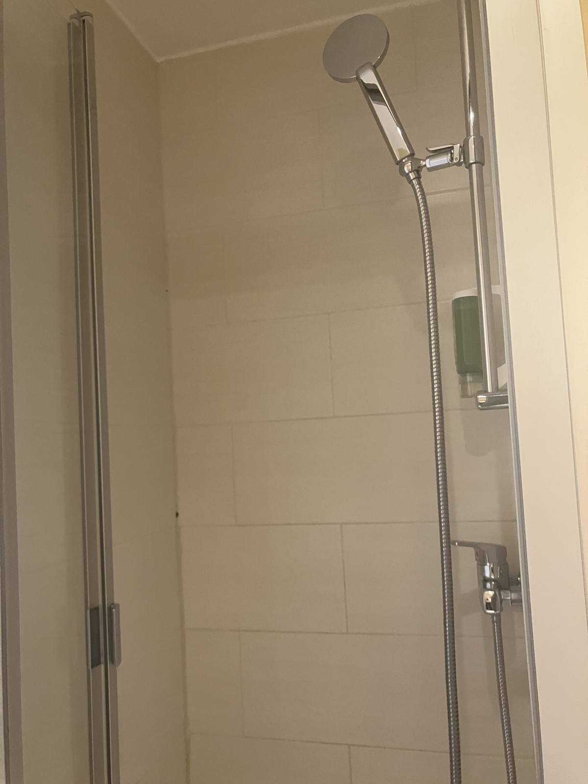 客室内の狭いシャワー。ハンドシャワーと混合水栓