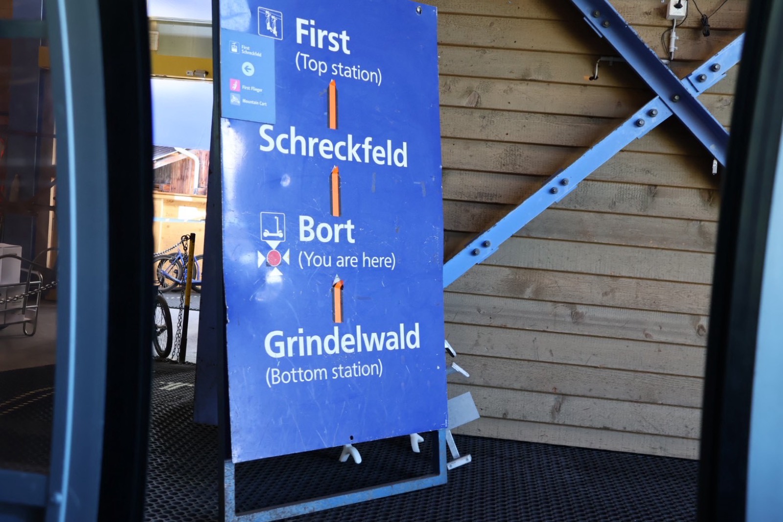 フィルスト行きゴンドラの駅案内。First・Schreckfeld・Bort・Grindelwaldの位置関係