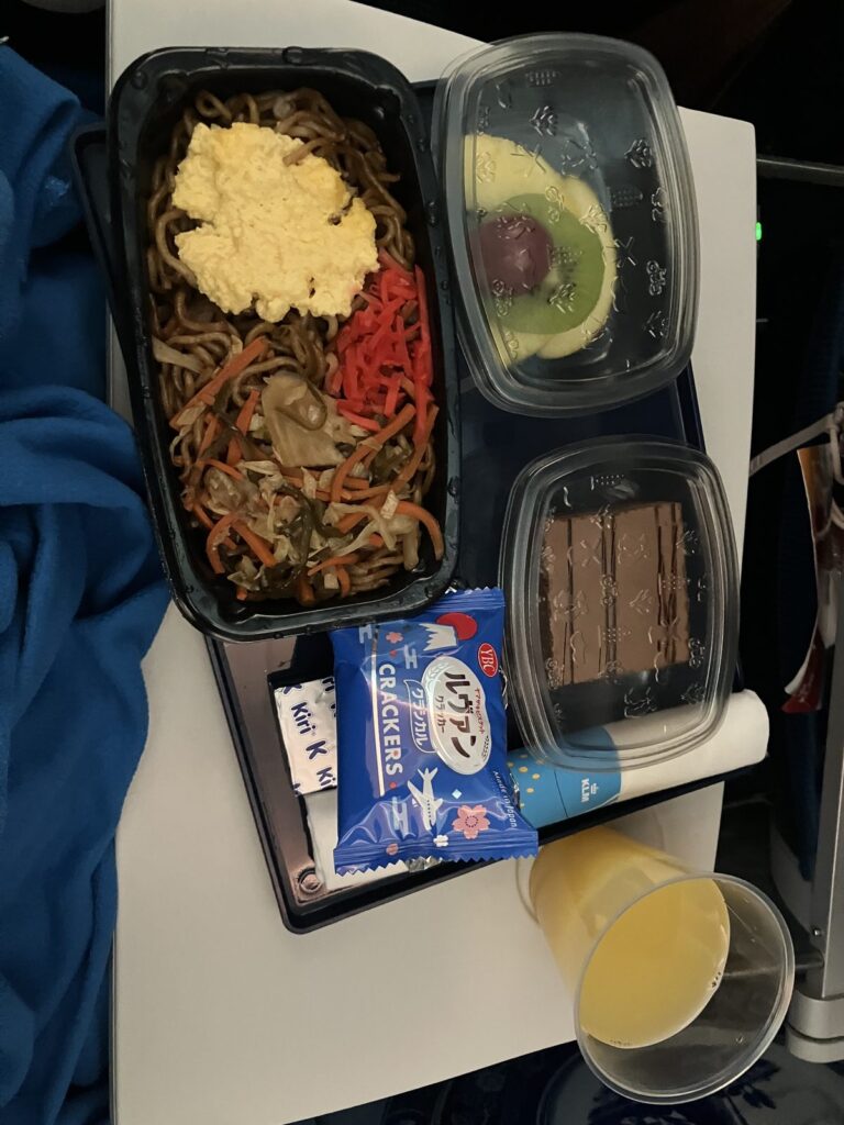KLM機内食2食目。焼きそばとフルーツ、チョコレートケーキ、クラッカーとチーズ